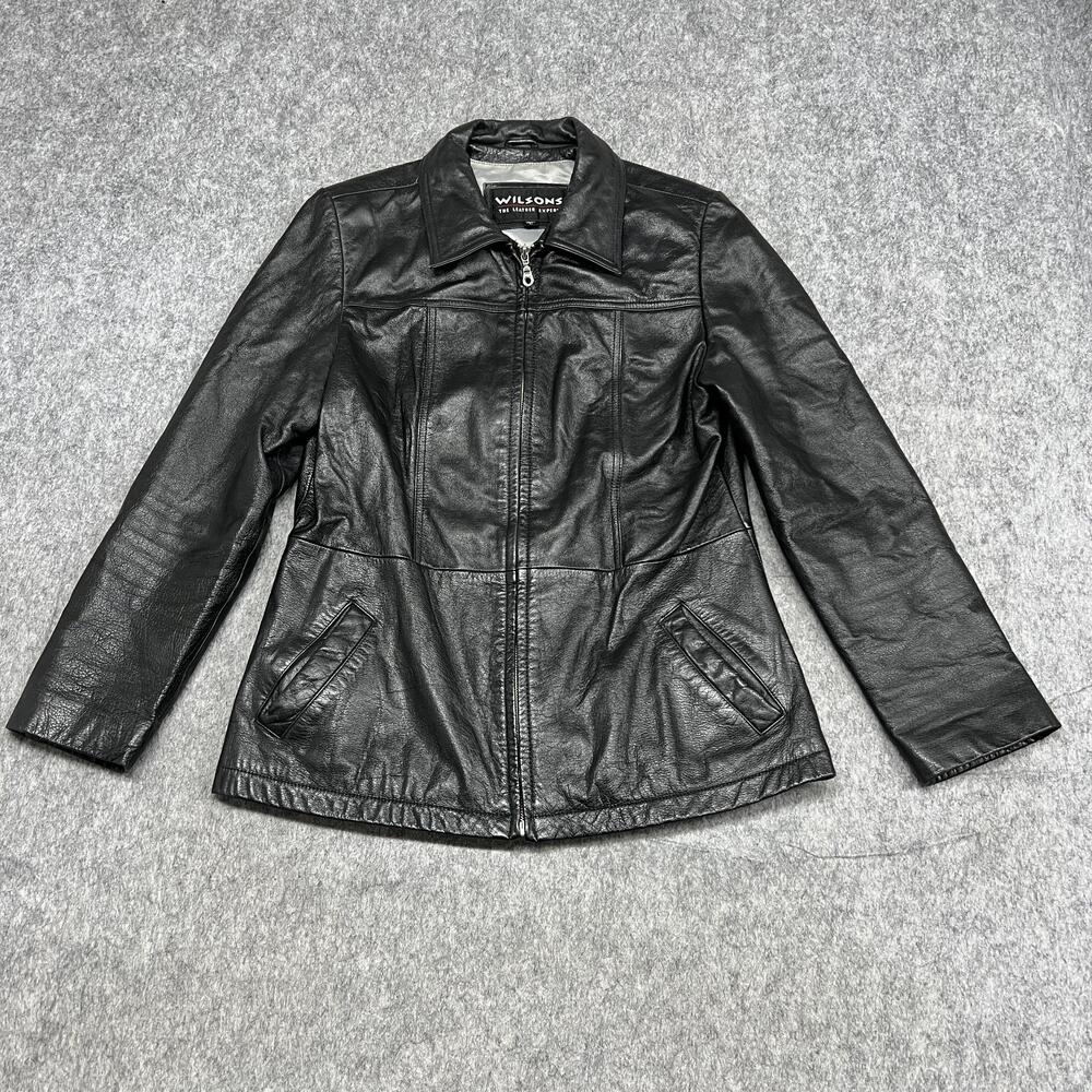 Wilsons Leather Jacket Womens Large Black Zip Front Pockets Lined Coat Classic